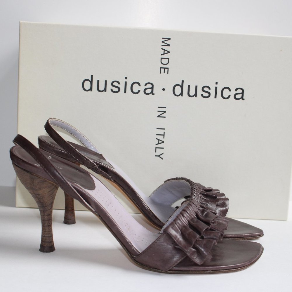 Dusica~Dusica Dark brown ruffle sling back sandals